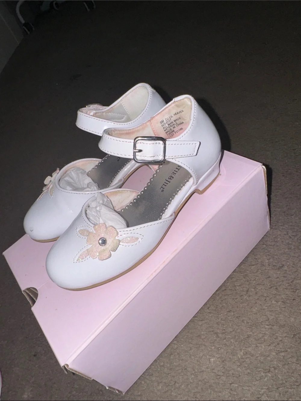 Girls' White Mary Jane Dress Shoes with Pink Floral Accent